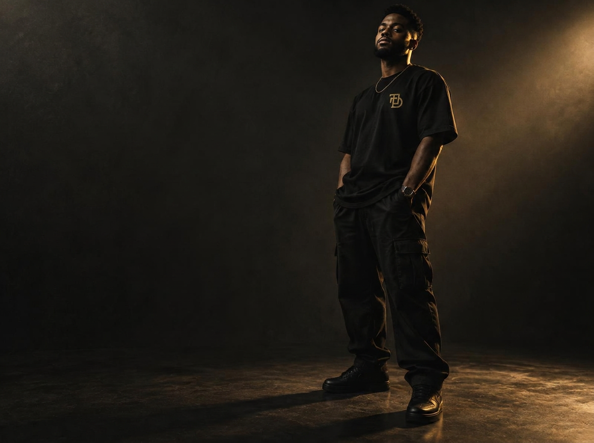 Man in matte black heavyweight tee under warm gold studio light