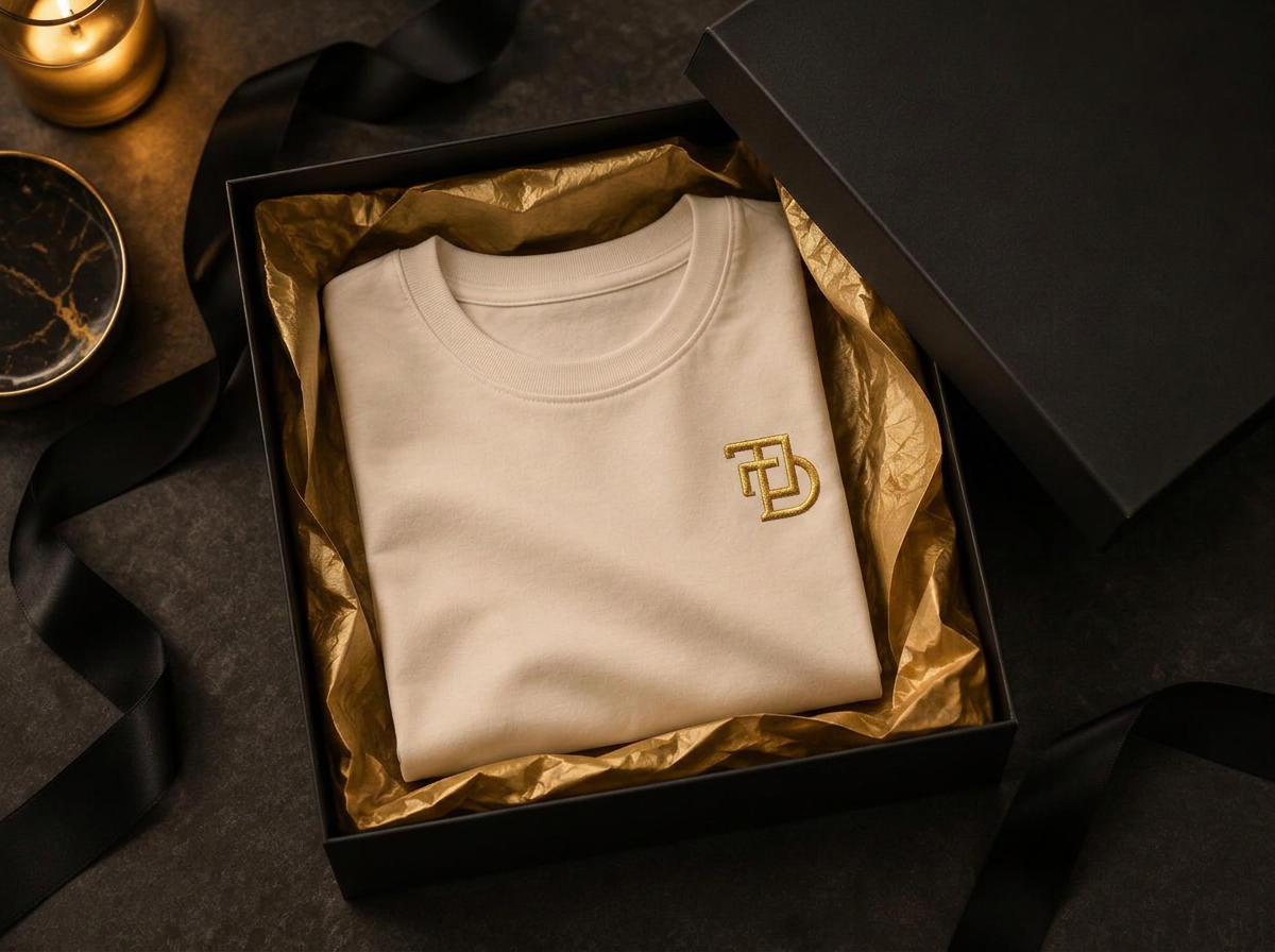 Matte black gift box with gold tissue and a folded warm white tee
